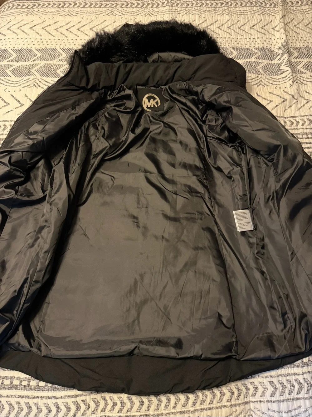 Michael Kors Black Quilted Belted Hooded Puffer Coat with Faux Fur Trim